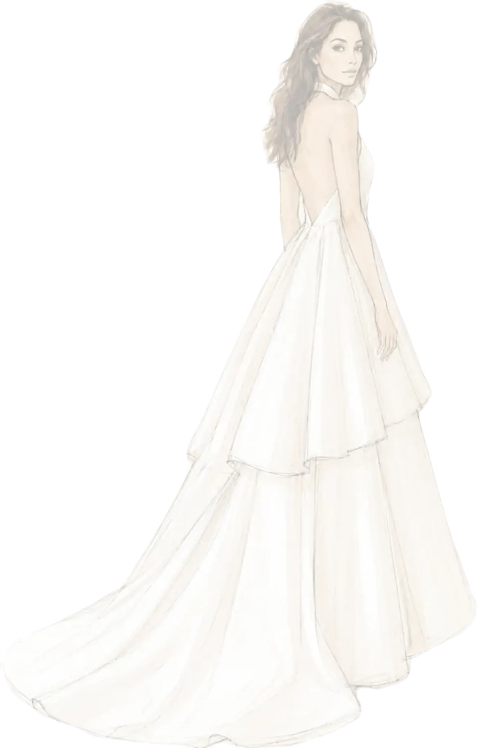 Dessin d'une robe de mariée sur mesure, dos nu et jupe à volants