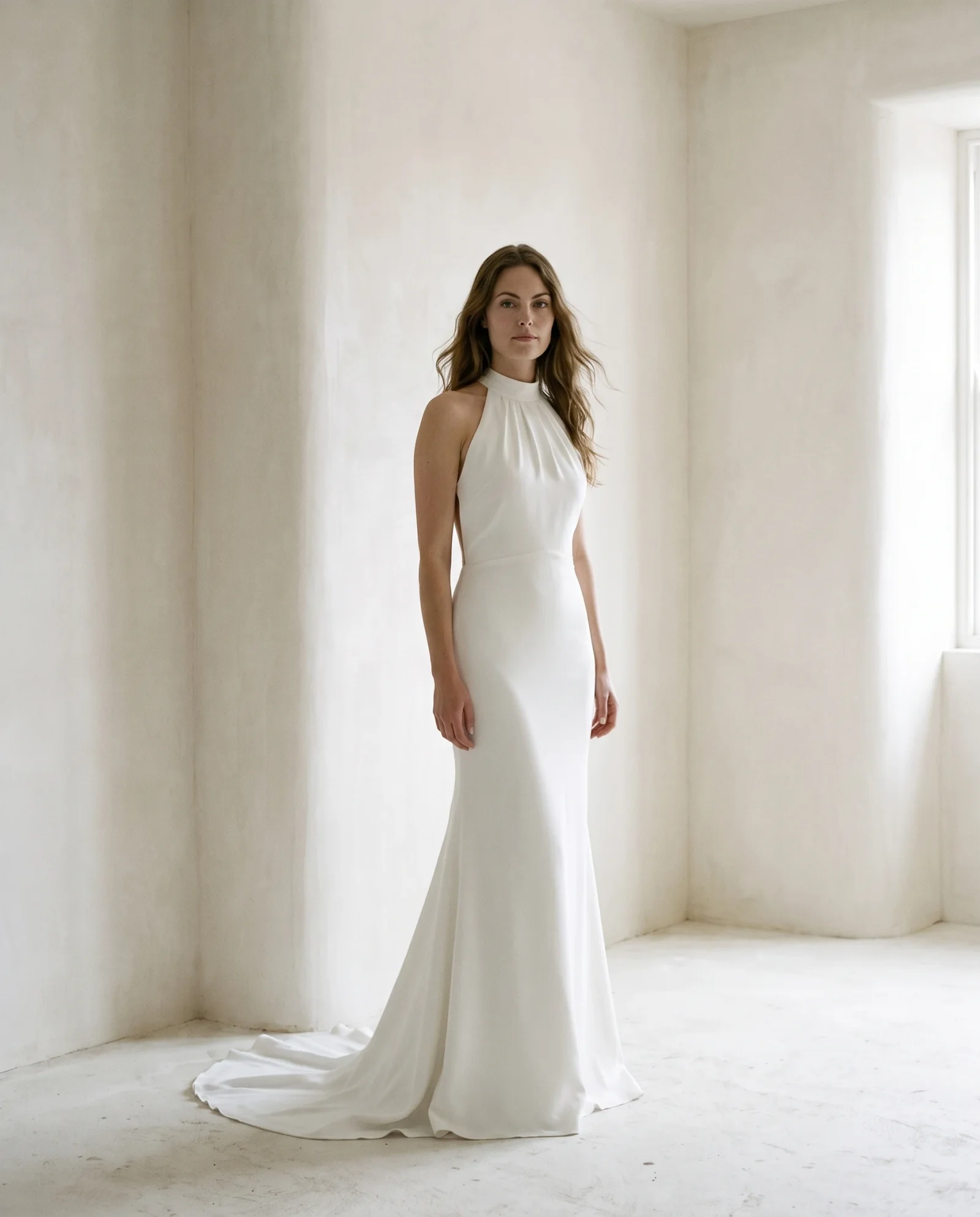 Robe fourreau unie à col américain et traîne, modèle Alma, collection La Septième
