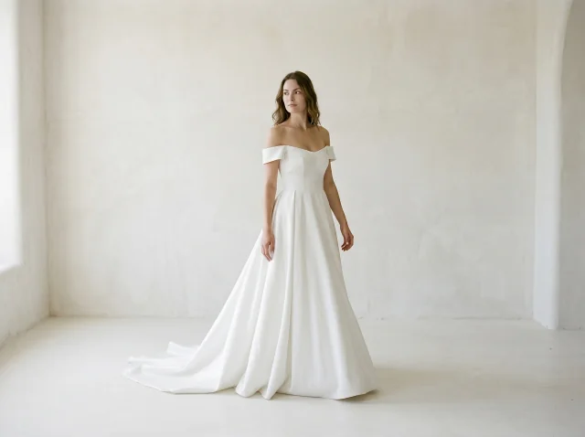Robe de mariée épaules dénudées à grande jupe et traîne, collection La Septième