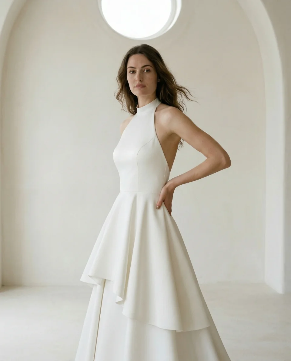 Robe de mariée à col montant sans manches et jupe asymétrique, Ela