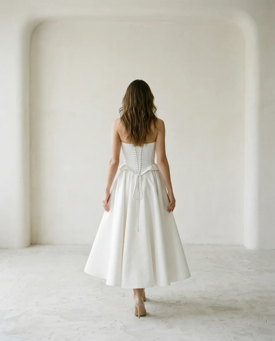 Robe civile mi-longue à corset lacé vue de dos, Louise