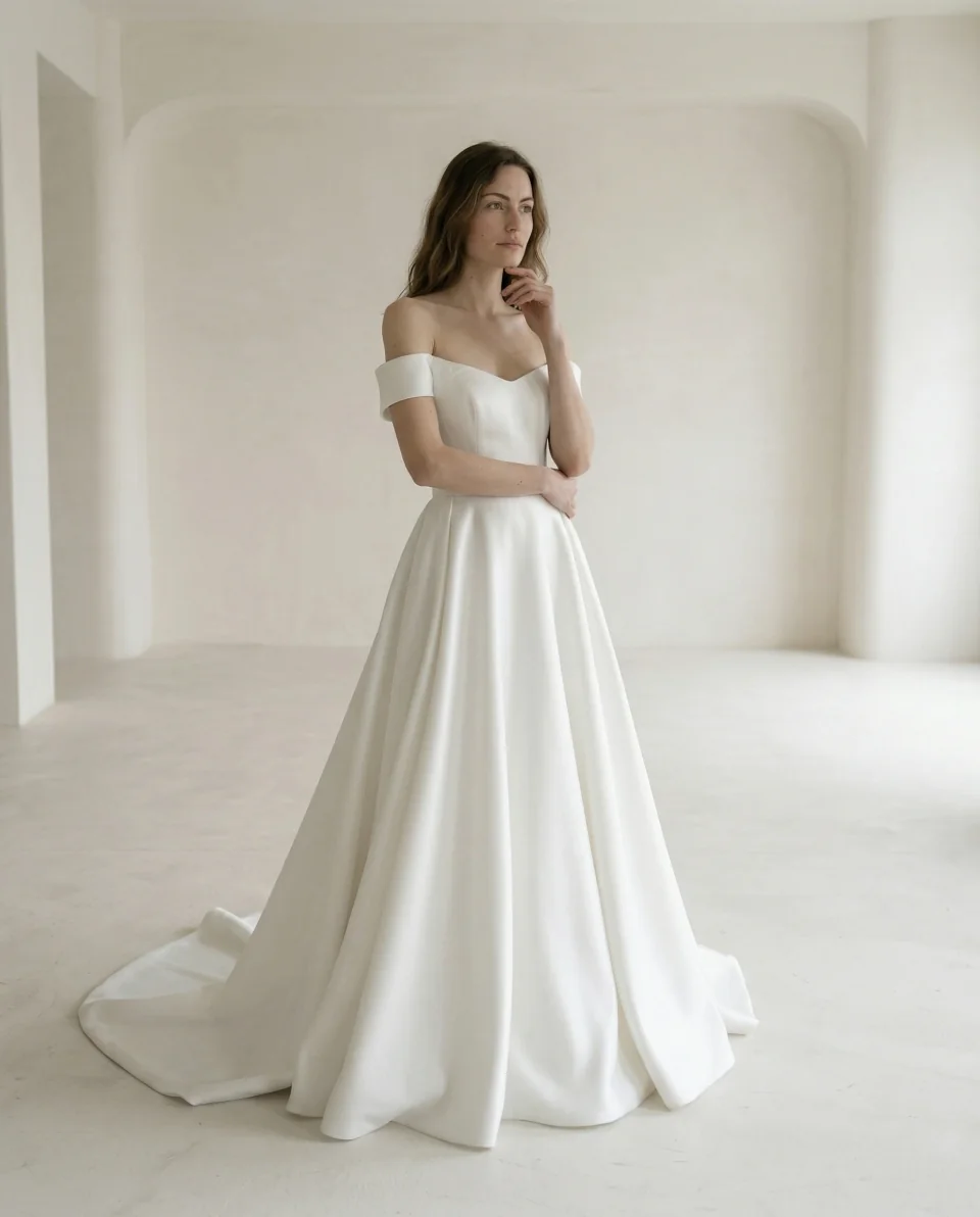 Robe de mariée à manches tombantes et jupe ample à traîne, Rosalia