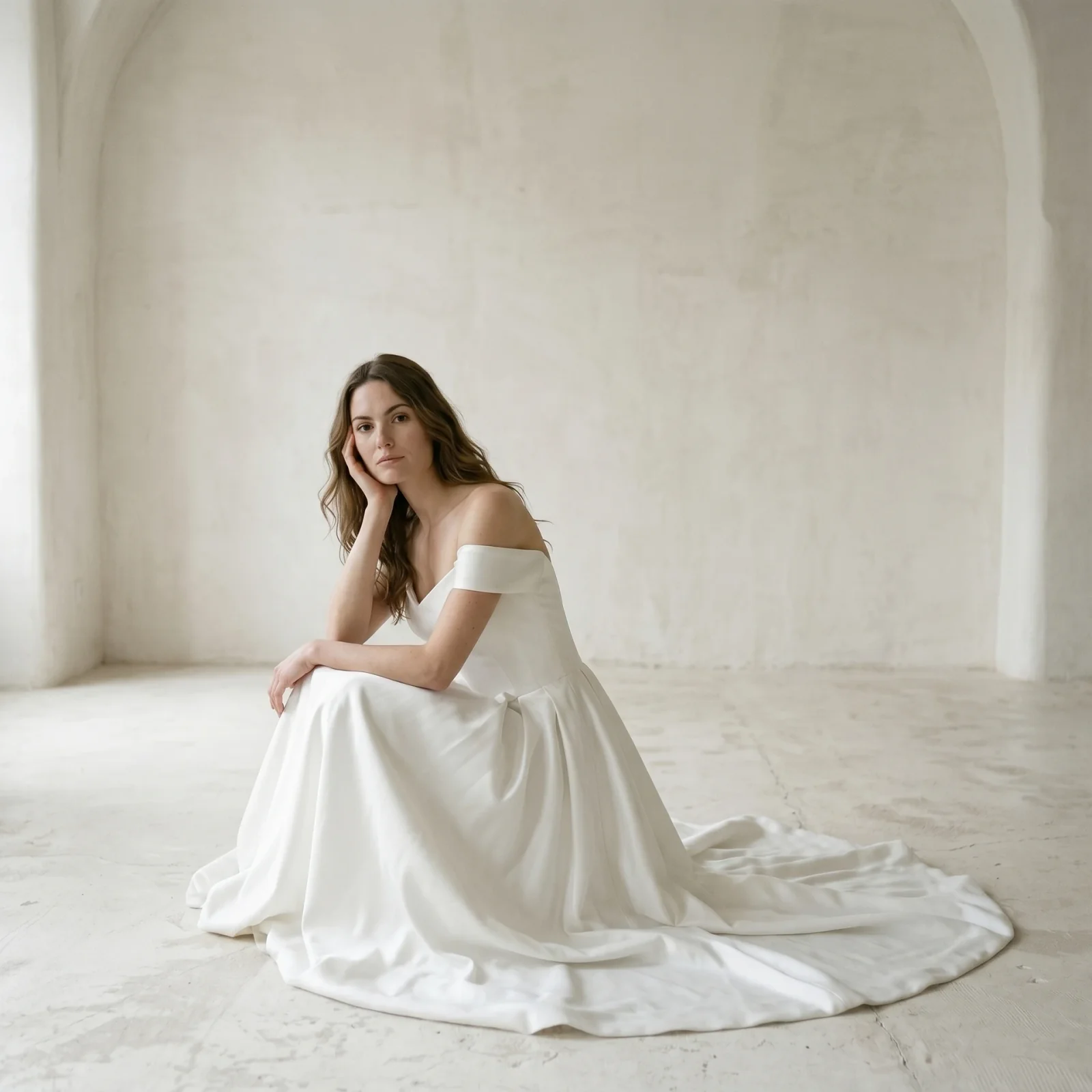 Mariée assise en robe épaules dénudées à grande jupe, modèle Rosalia, collection La Septième