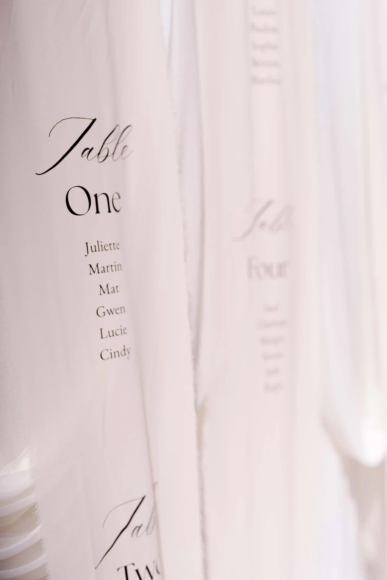 Plan de table calligraphié sur voilage blanc