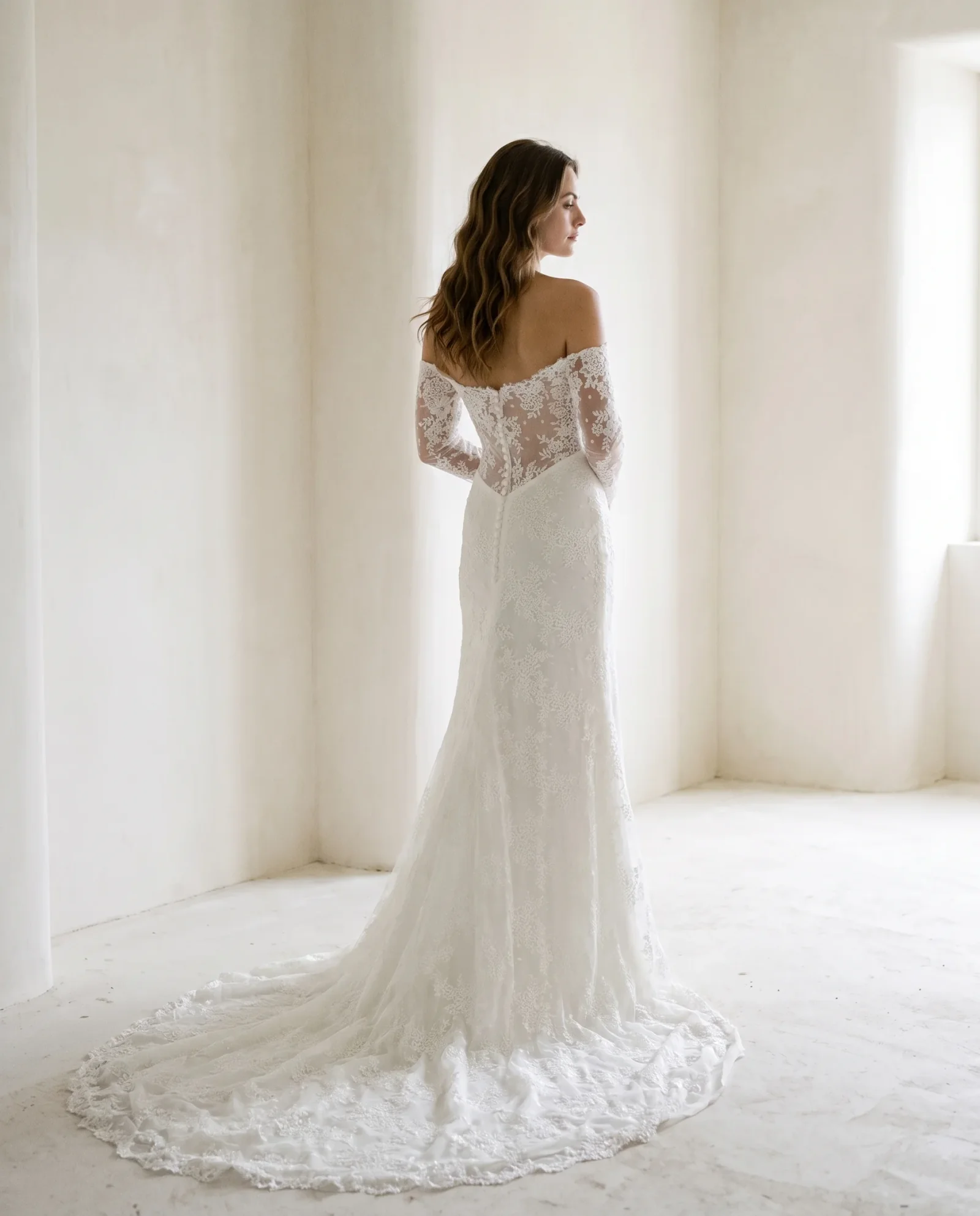 Dos d'une robe de mariée Lolette en dentelle, épaules dénudées, manches longues, boutons couverts et longue traîne