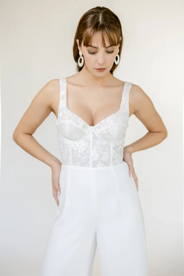 Combinaison Aaron pour le mariage civil, corset en tulle brodé pailleté et pantalon large